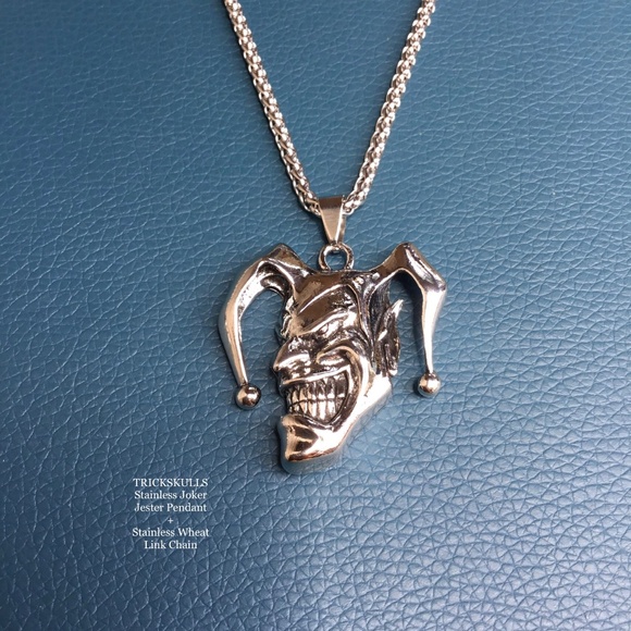 Joker Jester Smiling Clown Stainless Steel Pendant + Custom Wheat Link Chain - Picture 2 of 9